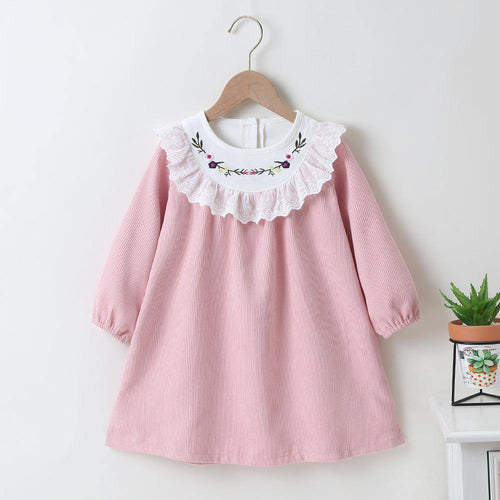 Lola Floral Embroidery Corduroy Dress | Sister, Pink - Milki Rabbit