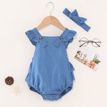 Load image into Gallery viewer, Mona Baby Denim Blue Jumpsuit with Headband
