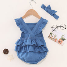 Load image into Gallery viewer, Mona Baby Denim Blue Jumpsuit with Headband
